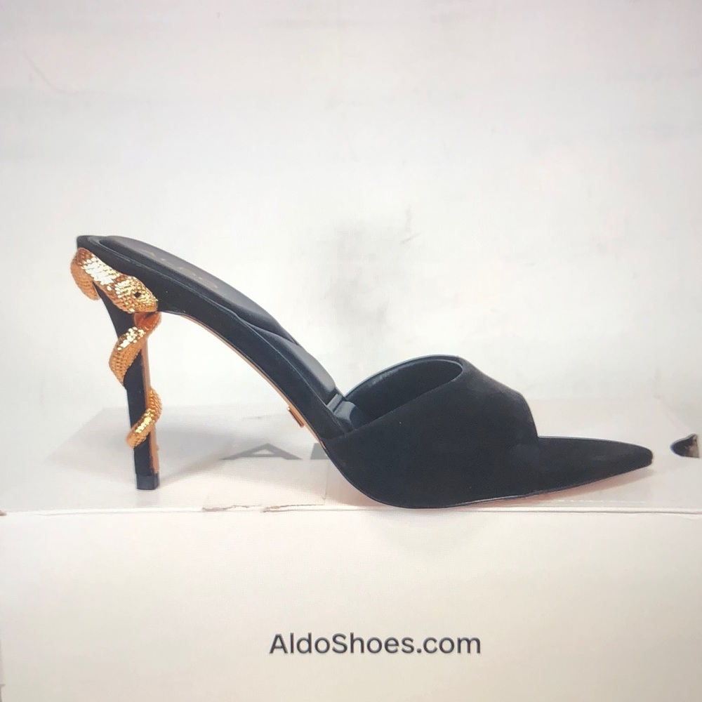 ALDO Black Suede Pointed Toe Mule with Gold Decorative Heel - Picture 2 of 8